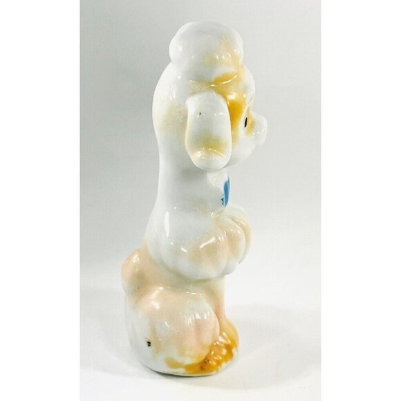 Vintage MCM Standard French Poodle Dog Figurine 3.75” Ceramic White Blue Bow - Picture 4 of 5